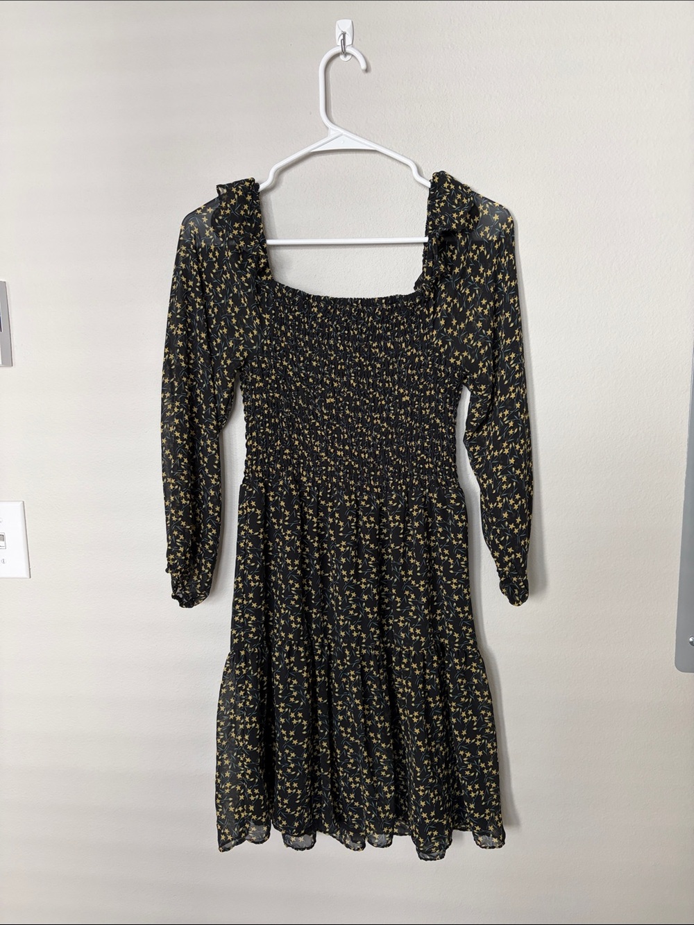 Sam Edelman Black Long-Sleeve Smocked Floral Dress with Yellow Print